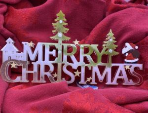 Merry Christmas sign with painted Santa, LED lights inside